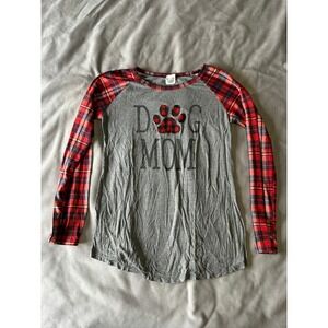Color Bear Dog Mom Raglan Long Sleeve Shirt Gray Red Plaid Paw Print